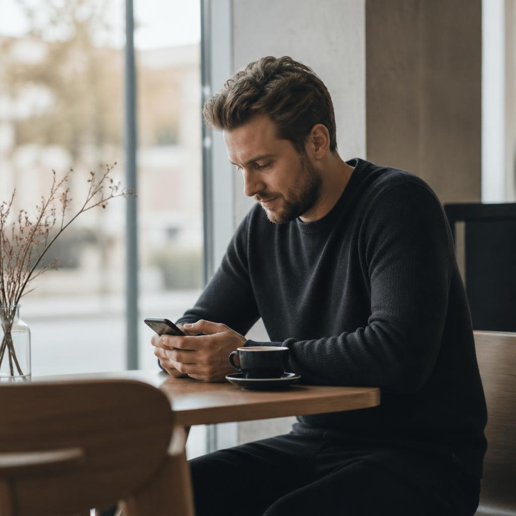 An adult sitting in a Scandinavian café checking his phone