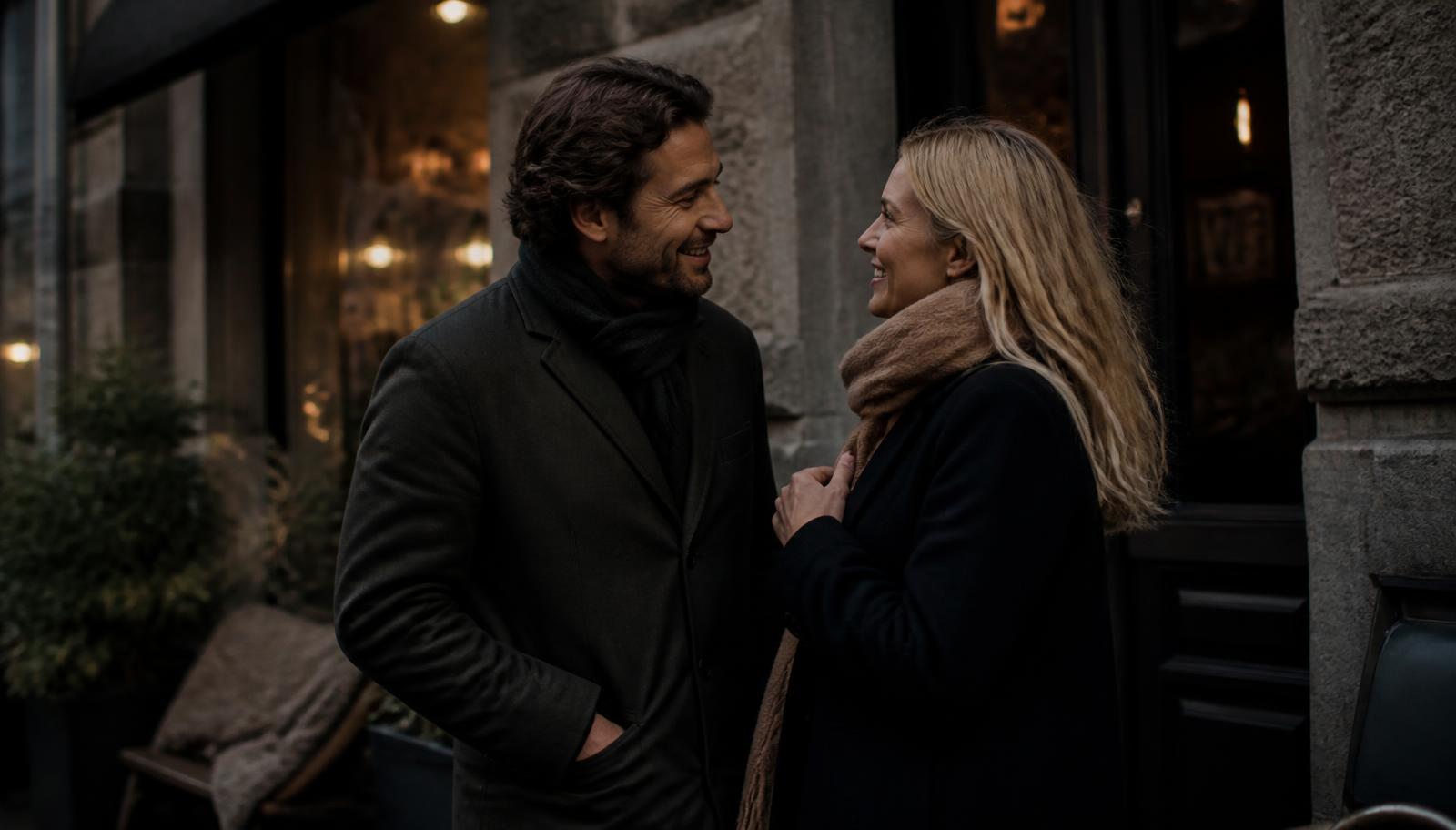 Two adults talking outside a softly lit Swedish city bar in the evening